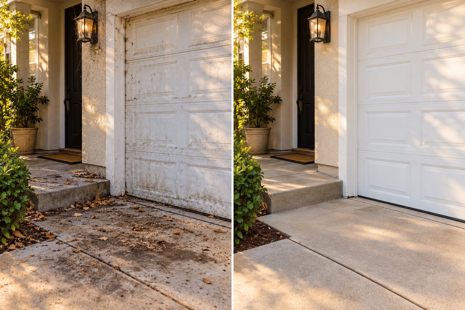Garage door and front entry before and after exterior washing — left: dirty door, leaves and stained concrete; right: clean white door and bright concrete