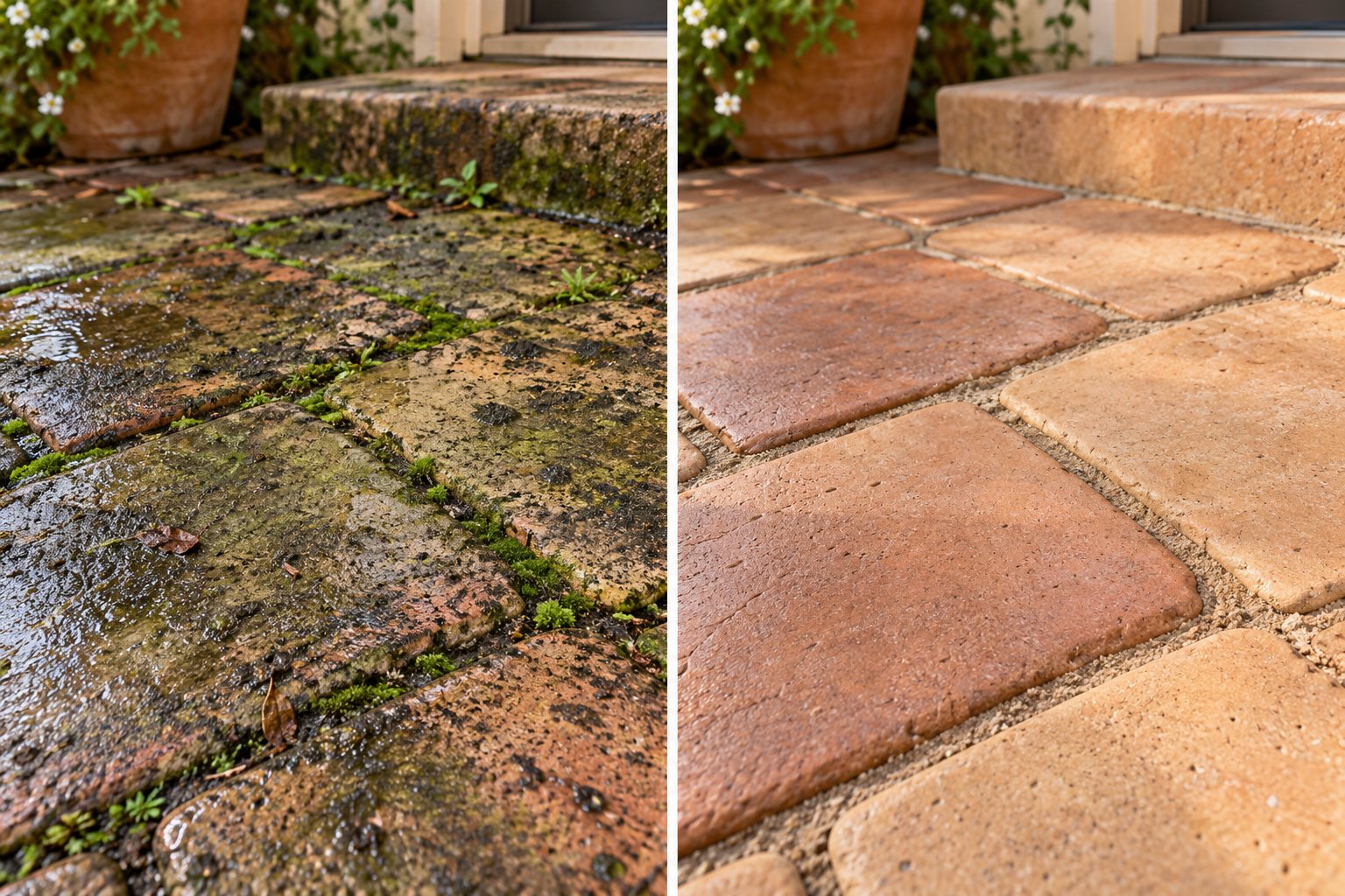 Paver walkway and step before and after cleaning — left: algae, moss and grime; right: clean terracotta and beige pavers with crisp joints