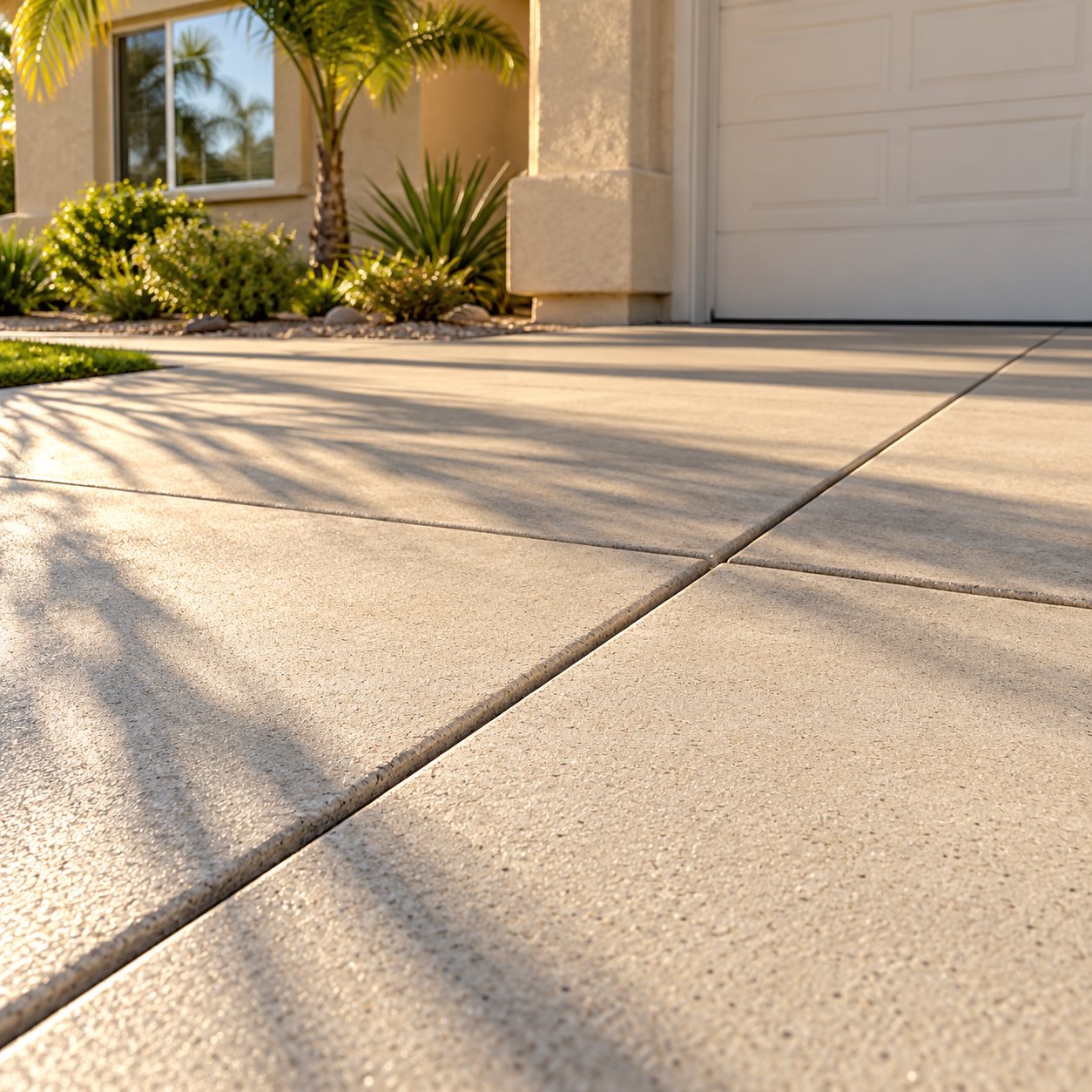 The same Sacramento driveway after LORS pressure washing — bright, even concrete with clean expansion joints