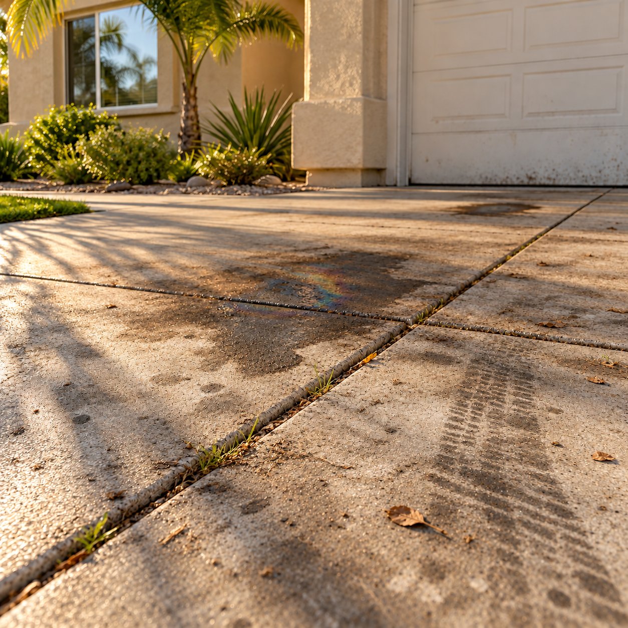 Dirty concrete driveway at a Sacramento stucco home before pressure washing — oil stain, tire marks, grime and weeds in the joints
