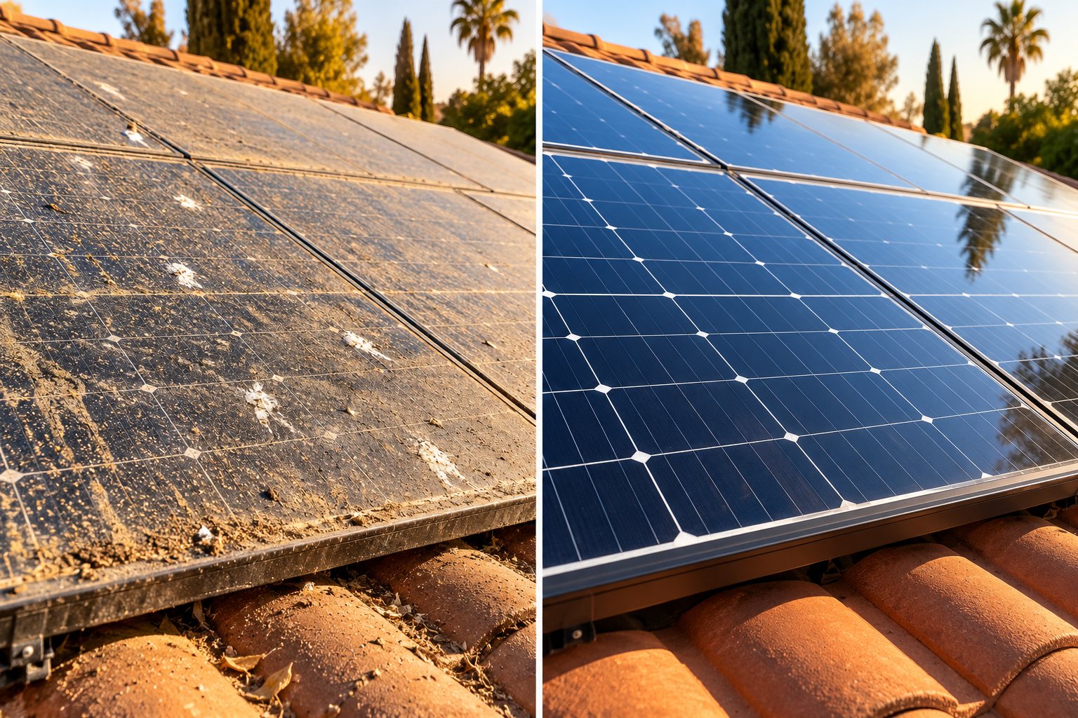 Rooftop solar panels on a tile roof before and after cleaning — left: dust, pollen and bird droppings; right: clean, glossy blue panels