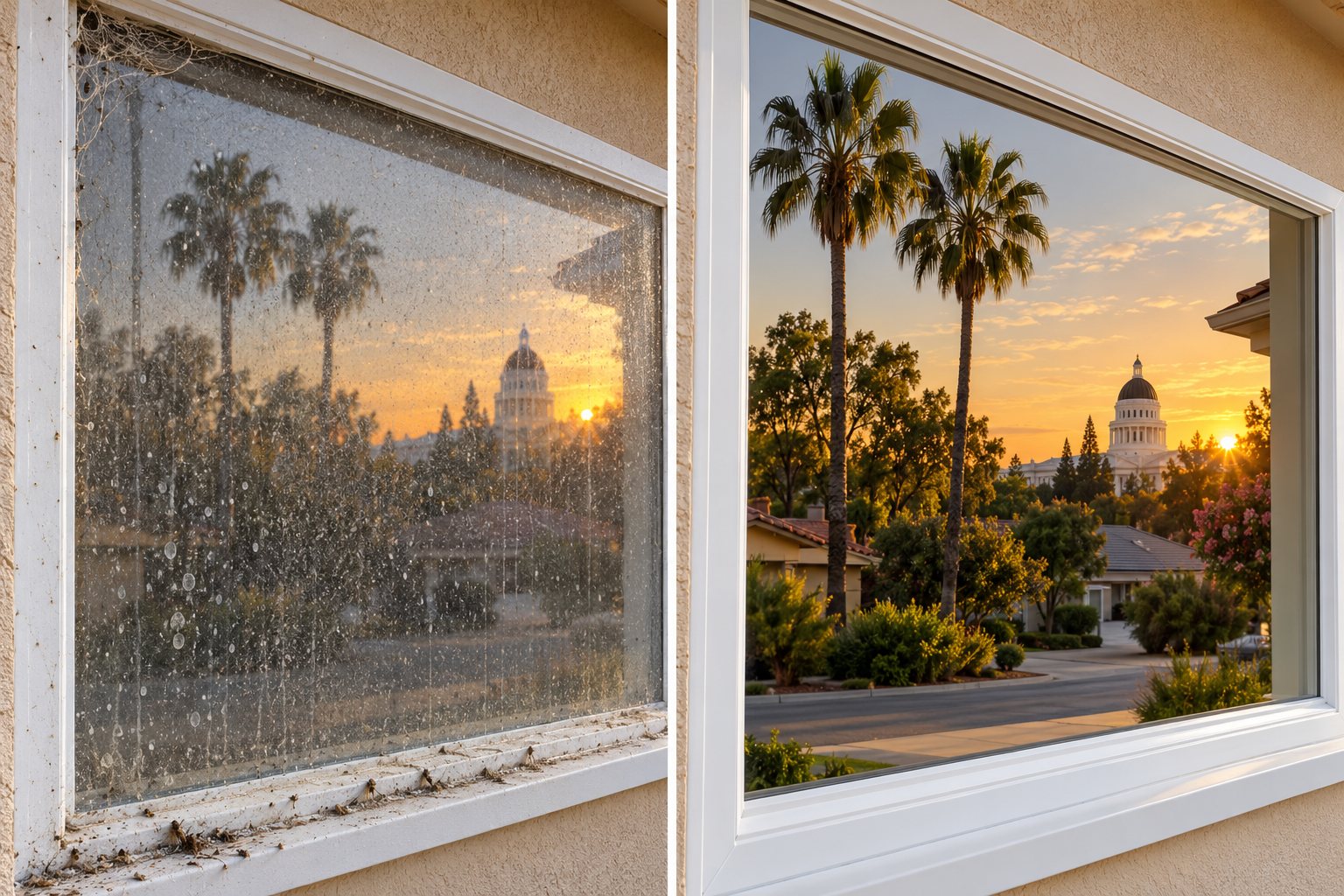 Window before and after LORS cleaning in Sacramento — left: dusty glass with hard-water spots and cobwebs; right: streak-free glass reflecting palm trees and the Capitol