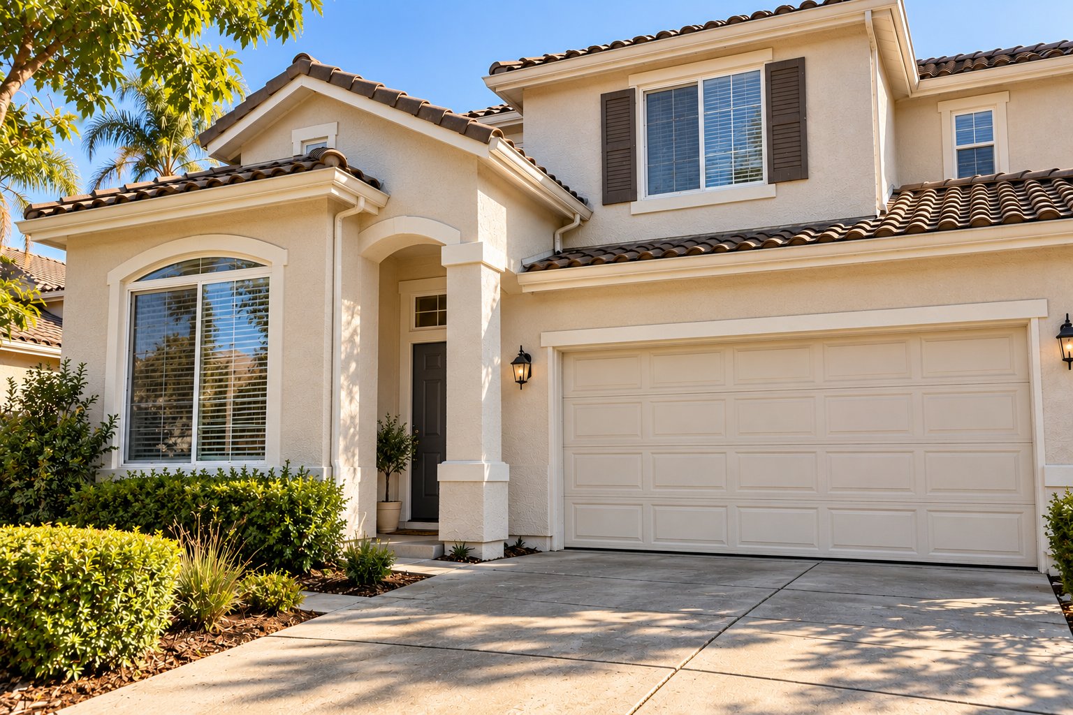 Two-story Sacramento stucco home after LORS exterior washing — bright clean walls, trim, garage door and driveway