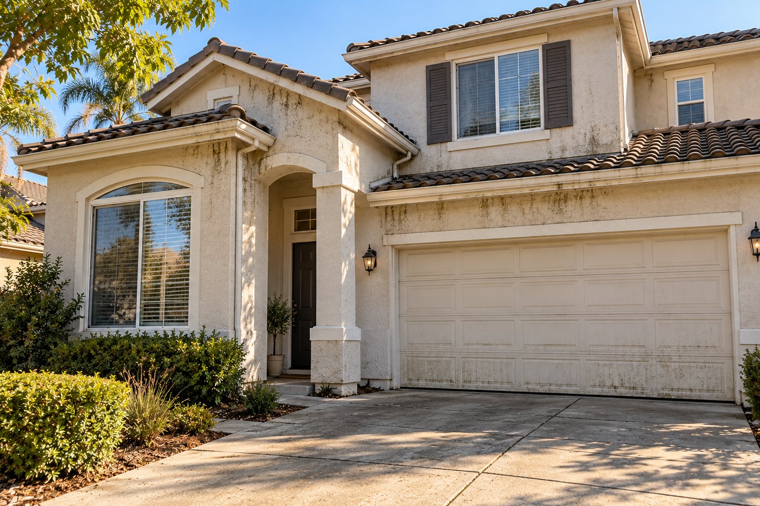 Two-story Sacramento stucco home before exterior washing — mildew streaks on the stucco, dirty garage door and stained driveway